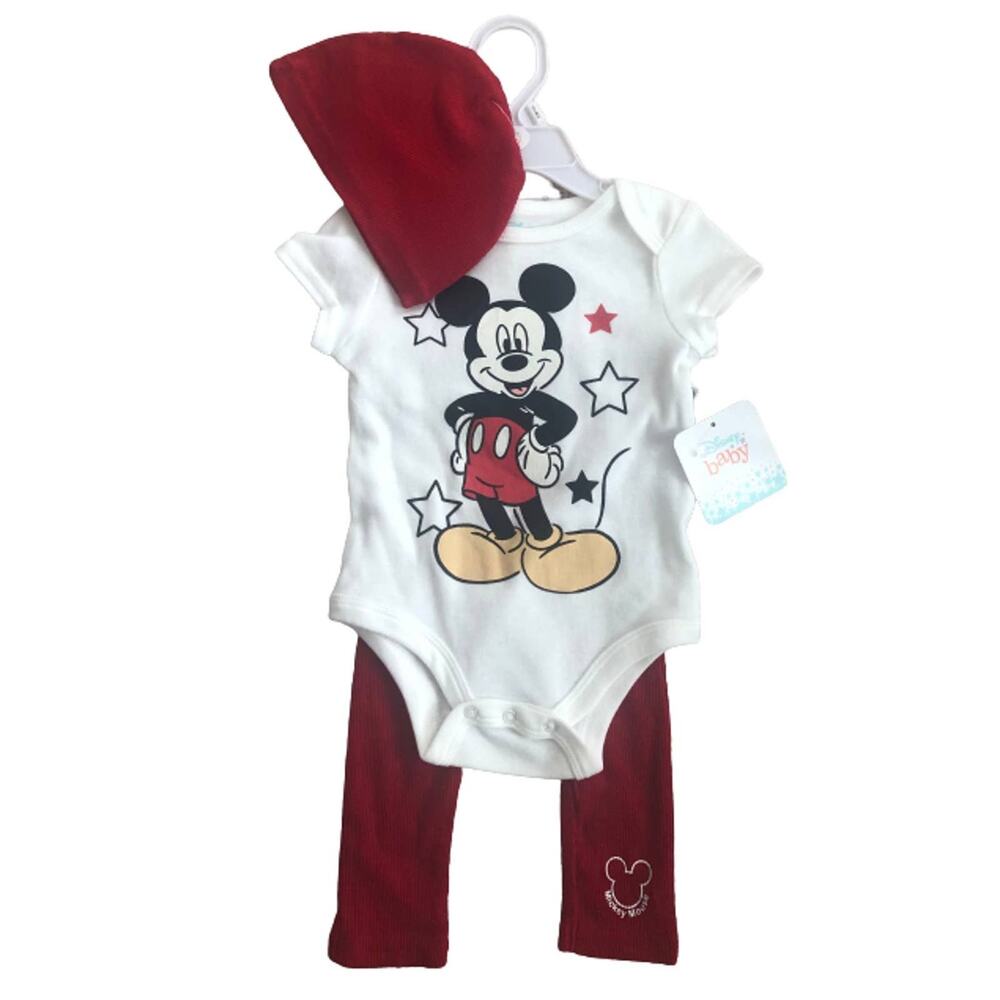 NEW! Disney Baby Mickey Mouse 3-Piece Set Bodysuit Pants & Hat Size 6-9M
